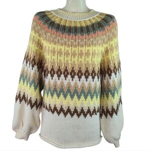 PETAL DEW Chunky Balloon Sleeve Fair Isle Sweater Rolled Hem Collar Multi Medium